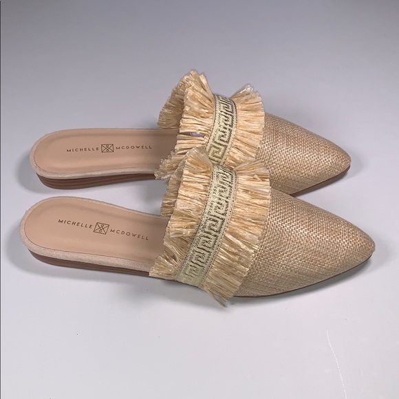 Michelle McDowell Carmen Natural Tan Woven Raffia Gold Mules Slip On Fringe 8 - Picture 4 of 11